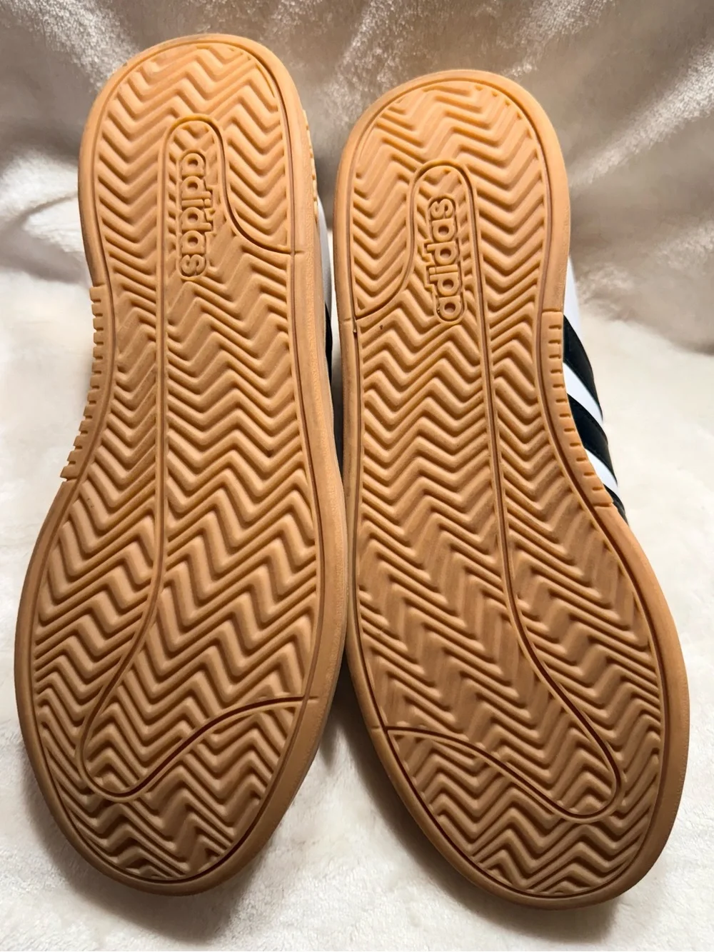 Adidas White Sneakers with Black Stripes and Yellow Lining